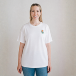Woman wearing the Miffy white breastfeeding T-shirt with embroidered tulip and nursing zips